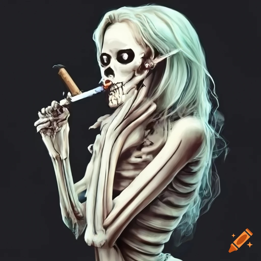 Blonde skeleton girl with cigar wearing a t-shirt on Craiyon