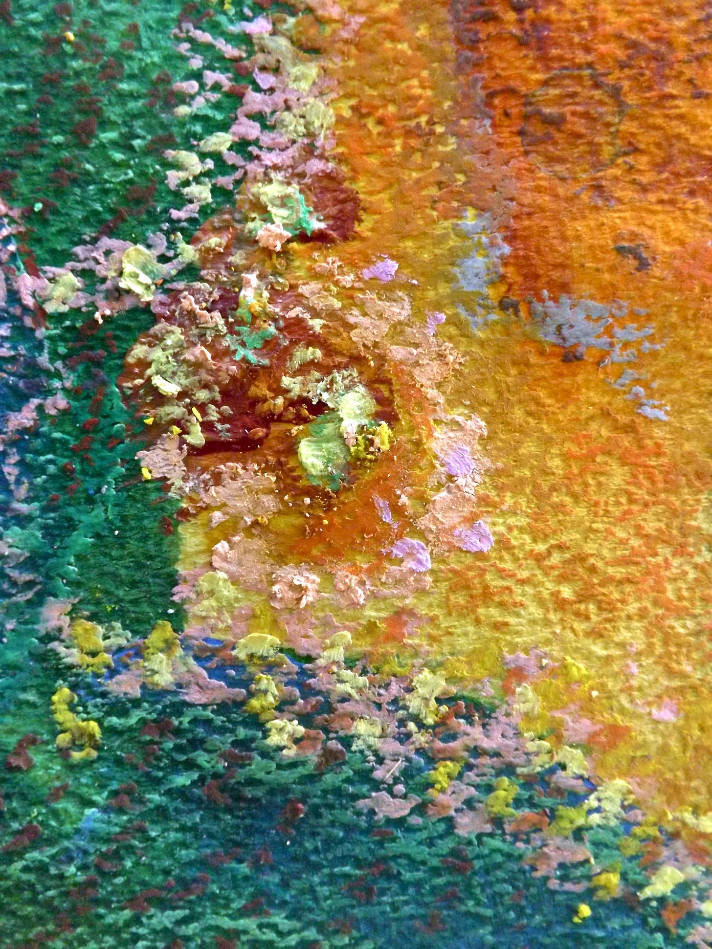 Photo of a detail from a mixed media painting by Sherry Killam Arts suggesting a flower-strewn golden beach by a green lagoon.