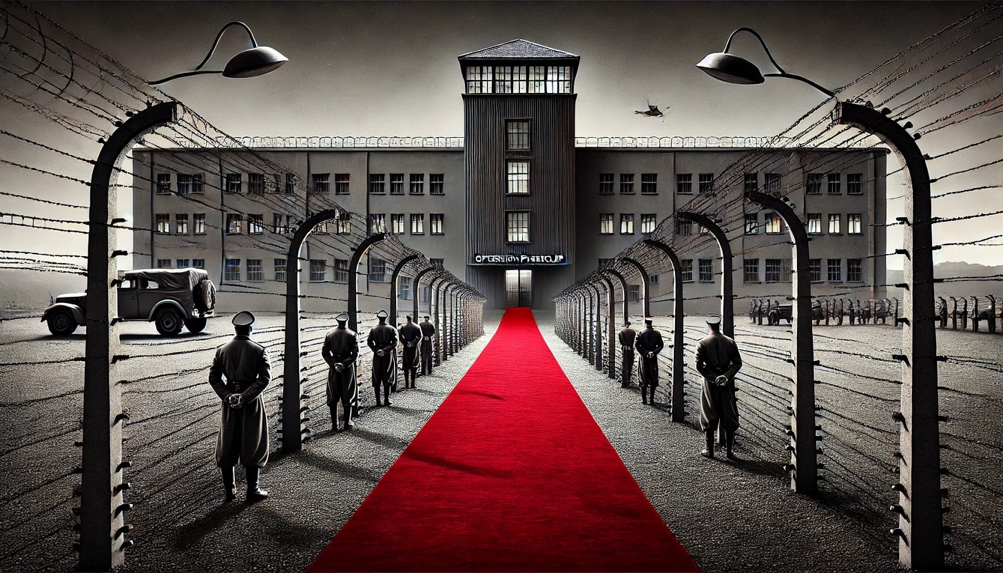 A striking visual of a pristine red carpet leading directly from a dark, grim WWII concentration camp entrance with barbed wire fences, watchtowers, and shadowy figures, straight into a grand, elegant U.S. government or corporate building. The image emphasizes a stark and disturbing moral contrast, symbolizing Operation Paperclip's ethical compromises. No text included.