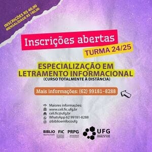 Texto na imagem: Especialização em Letramento Informacional - Turma 24/25 - INscrições até 31 de março 