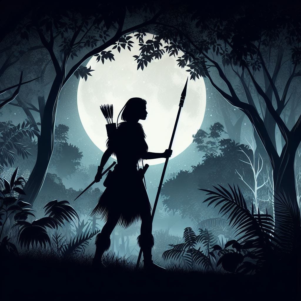 A woman hunting with a spear