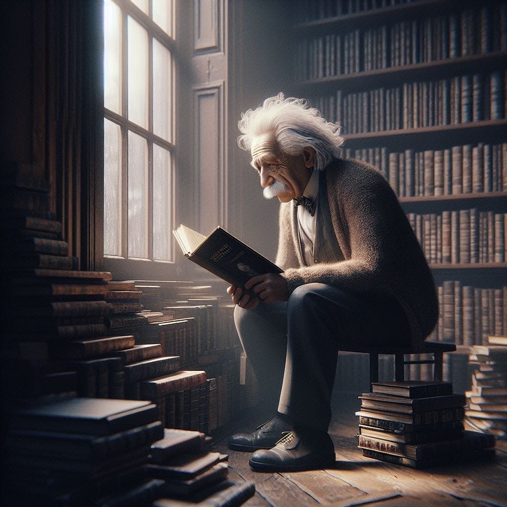 Einstein browsing through a collection, detailed, photograph, atmospheric, window view, hyper-realistic, 1080p, artstation, octane render, nvidia, vray render, arnold 3D, octane render
