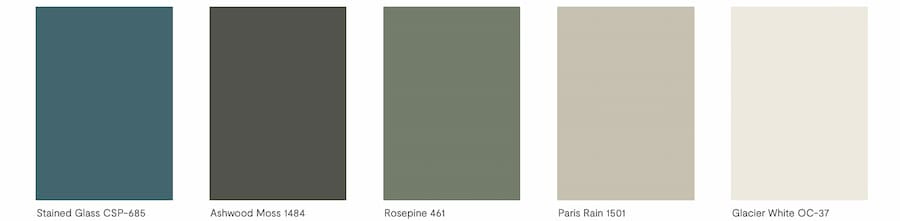 selection of calm hues that make up the full 2025 colour palette for Benjamin Moore