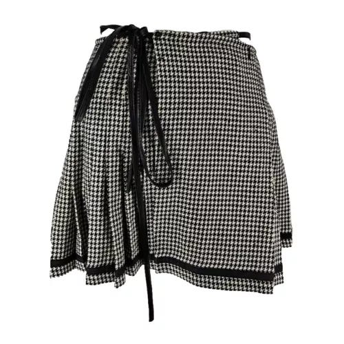 DKNY Women's Skirt 2 Vintage Houndstooth Wool Cashmere Pleated Leather Tie Wrap - Picture 1 of 5