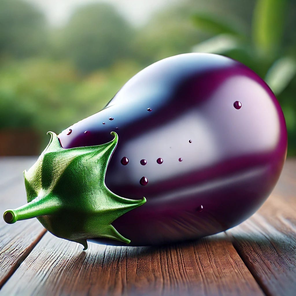 A realistic illustration of a large, glossy purple brinjal (eggplant) placed on a wooden table with a natural background, detailed texture on the skin, and a vibrant green stem. The scene is well-lit to highlight the brinjal's shine and rich color.