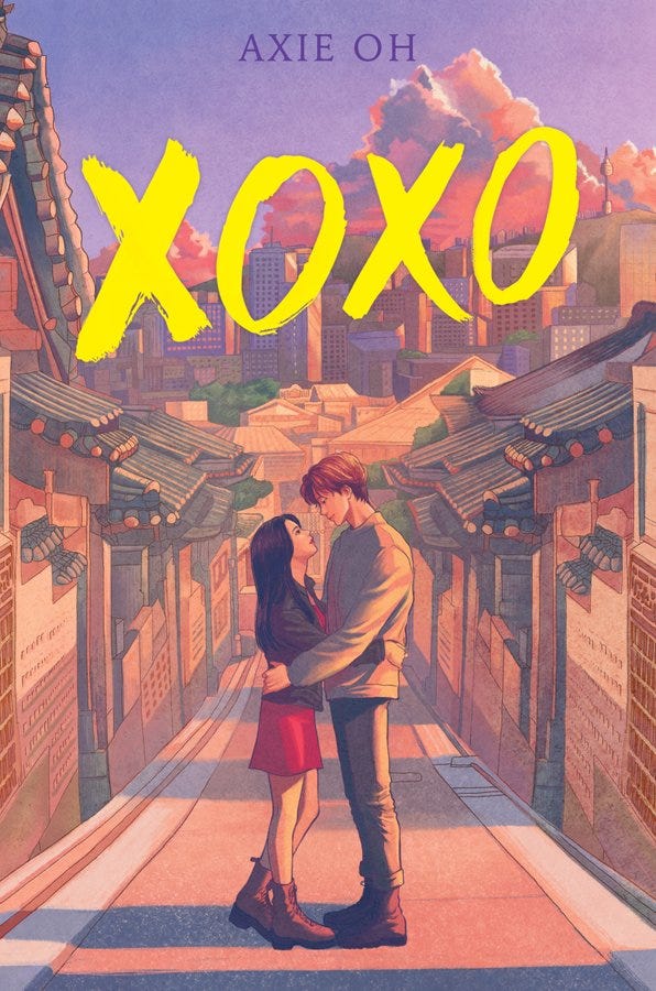 The cover of XOXO by Axie Oh, which shows an illustration of two Korean teens looking into each other's eyes in the middle of a street.