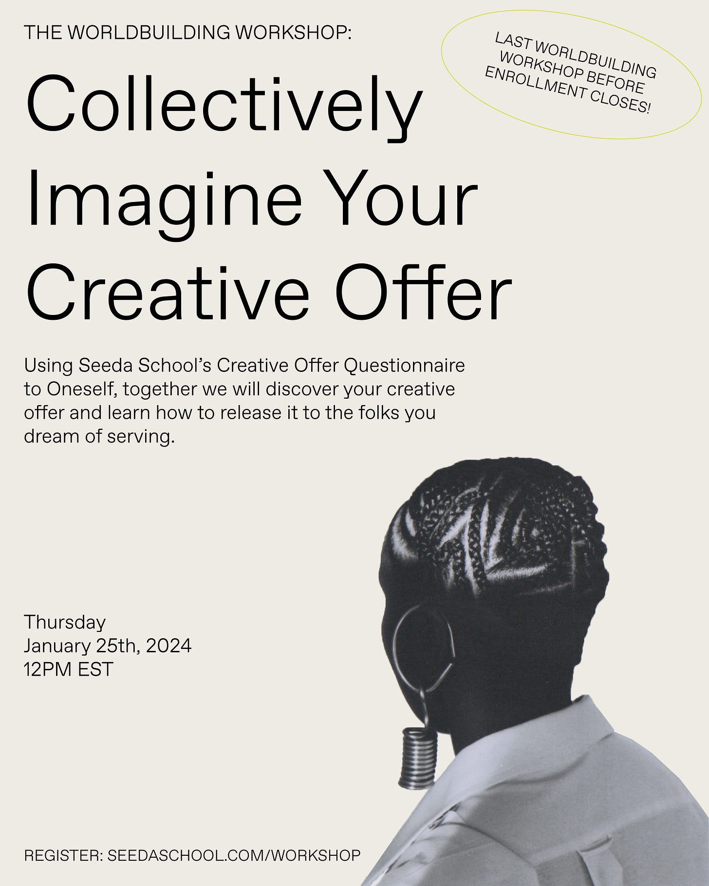 Tan workshop flyer with black text reading "Collectively Imagine Your Creative Offer" with the time and date: 01/25/24 at 12PM EST