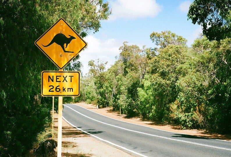 Kangaroos next 26Km Australian Road Sign Photo Print, Margaret River Western Australia, Coastal Home Decor, Australian Photography image 1
