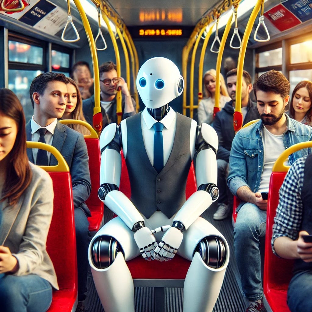 Image of a humanoid robot wearing a suit and tie seated amongst humans on a red bus.