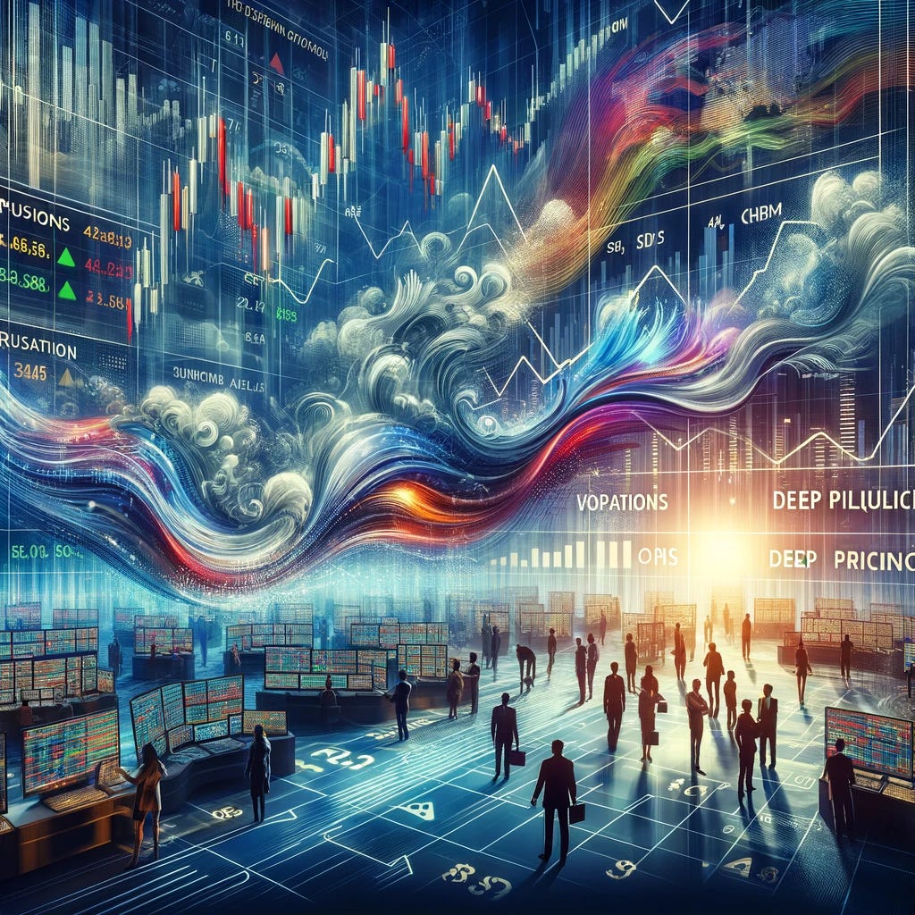A conceptual image representing the stock market and financial concepts of options, volatility, strong liquidity, and efficient pricing. The scene includes a bustling stock market floor with traders actively engaged in buying and selling. Digital screens display graphs and numbers indicating tight pricing and firming valuations. The background features abstract symbols of deep liquidity, like flowing water or fluid shapes, intertwined with arrows and charts symbolizing market strength and efficiency. The overall color scheme is dynamic and vibrant, reflecting the energetic nature of the financial market.
