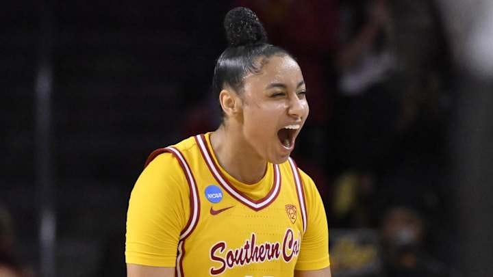 Mar 25, 2024; Los Angeles, CA, USA; USC Trojans guard JuJu Watkins (12) reacts during a NCAA Women’s Tournament 2nd round game against the Kansas Jayhawks at Galen Center. Mandatory Credit: Robert Hanashiro-Imagn Images