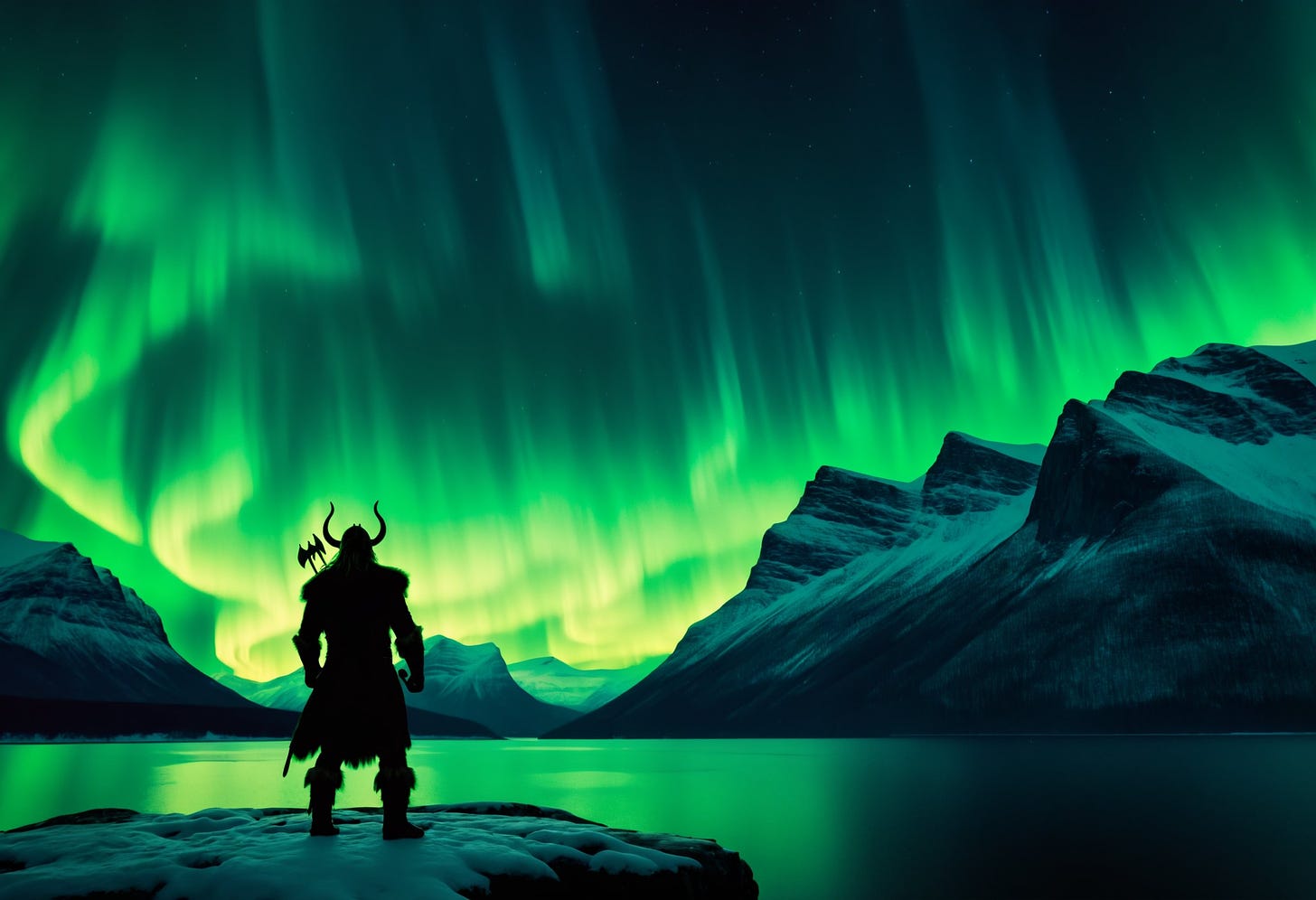 Prompt:

a silhouette of a Viking warrior atop a fjord, admiring the northern lights dance across the sky | vivid green and black hues

Filters:

Western Style (0.50)