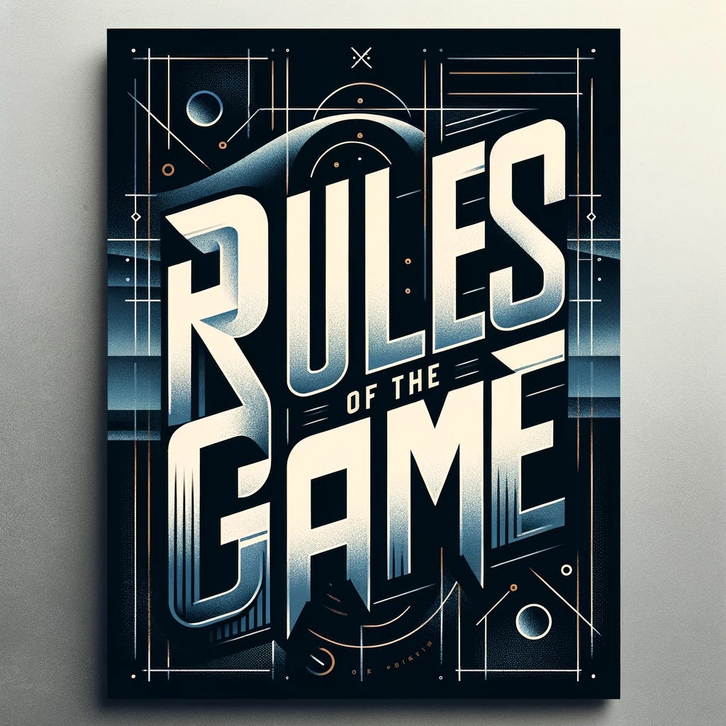 A stylish, modern poster featuring the phrase 'Rules of the Game' in bold, artistic typography. The background should be a subtle blend of dark blue and black, with abstract geometric patterns lightly visible. The text should be in a large, eye-catching font, possibly with a slight metallic sheen, to give it a sophisticated and professional look. The overall feel should be sleek and contemporary, suitable for a game room or a corporate event.