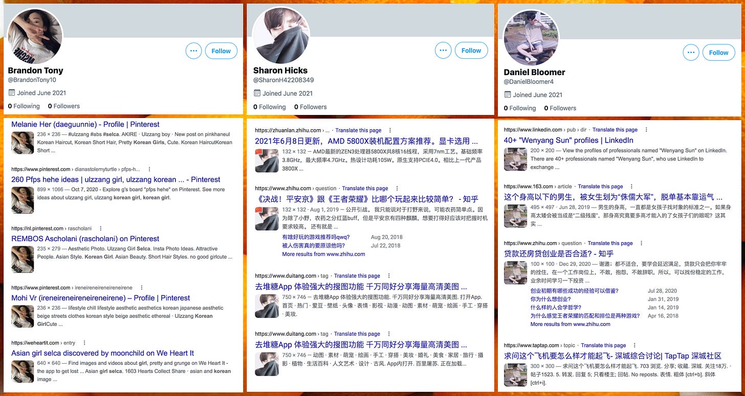 screenshots of reverse image searches for three of the accounts' profile photos, showing that the photos are plagiarized