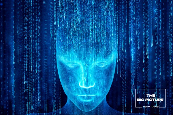 Hologram of artificial intelligence face showing up from binary code.