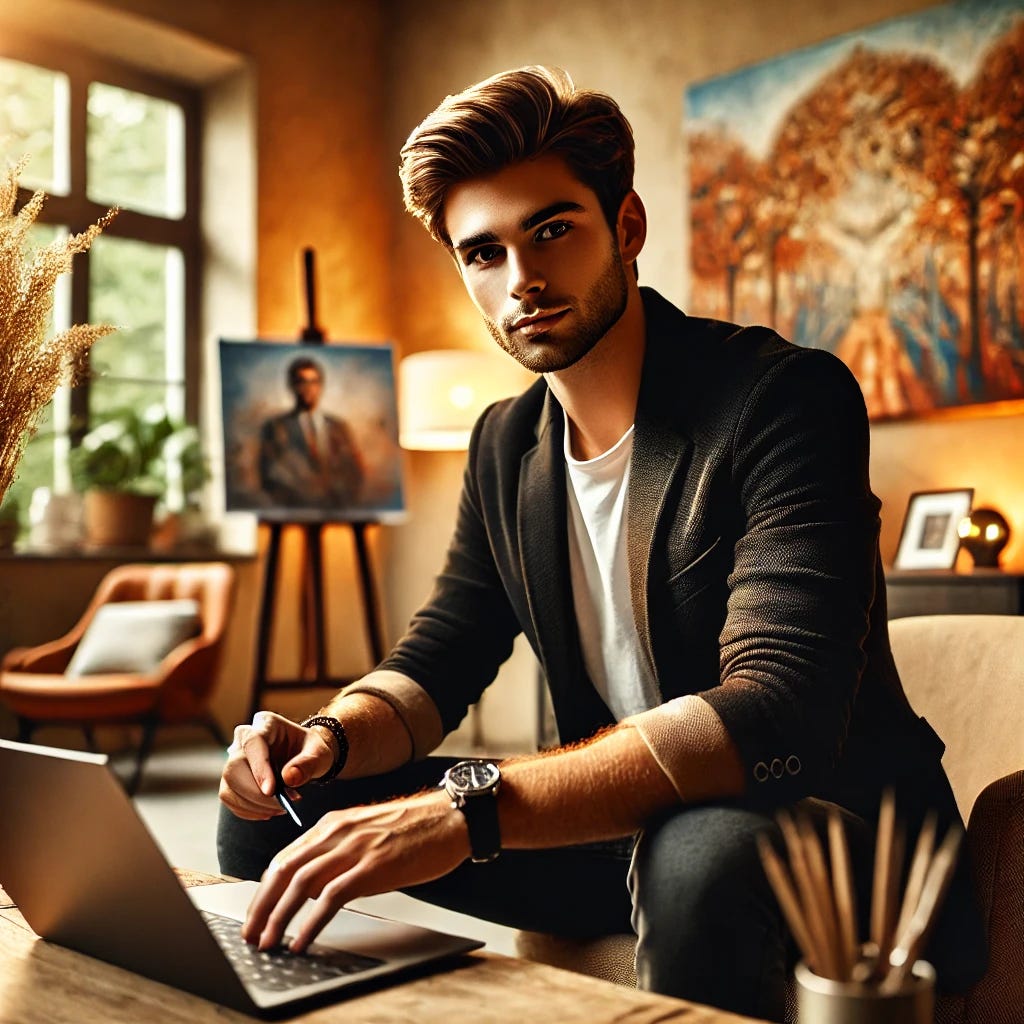 A captivating photo setup featuring a young man sitting in a cozy, well-lit room with natural lighting. He is casually working on his laptop, representing intellectual work (like writing or creating content). In the background, there is artwork displayed on the wall, hinting at his artistic interests. The young man is dressed sharply in a casual, stylish outfit. He has a confident but approachable expression with a subtle smile. The scene is warm, inviting, and creative, with a balance of professionalism and personal flair.