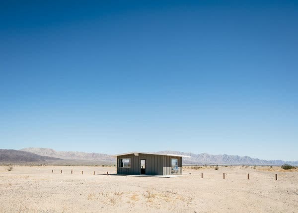 The artist Andrea Zittel's "Experimental Living Cabins," which have no electricity or running water, sit alone in the desolate landscape of Wonder Valley on the edge of the Mojave Desert.