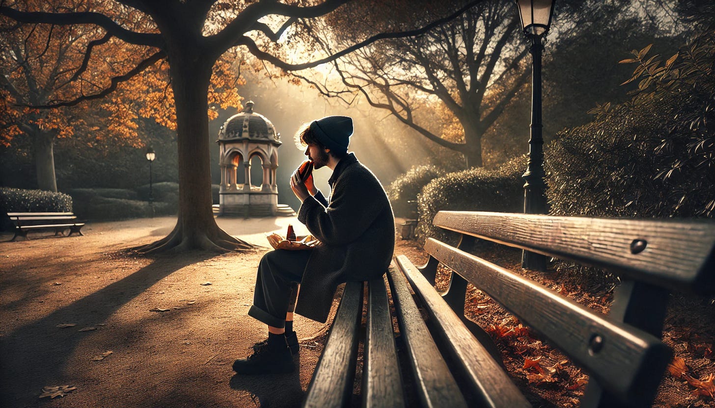 fotografía realista de una persona sola comiendo un bocadillo en un banco en un parque. La escena es tranquila, con árboles en el fondo y hojas caídas en el suelo. La persona está sentada de perfil, mirando hacia el horizonte con una expresión pensativa. La luz del atardecer proyecta sombras suaves, creando un ambiente nostálgico. Los colores son cálidos y naturales, predominando tonos anaranjados y dorados. El banco es de madera envejecida con detalles de hierro forjado.