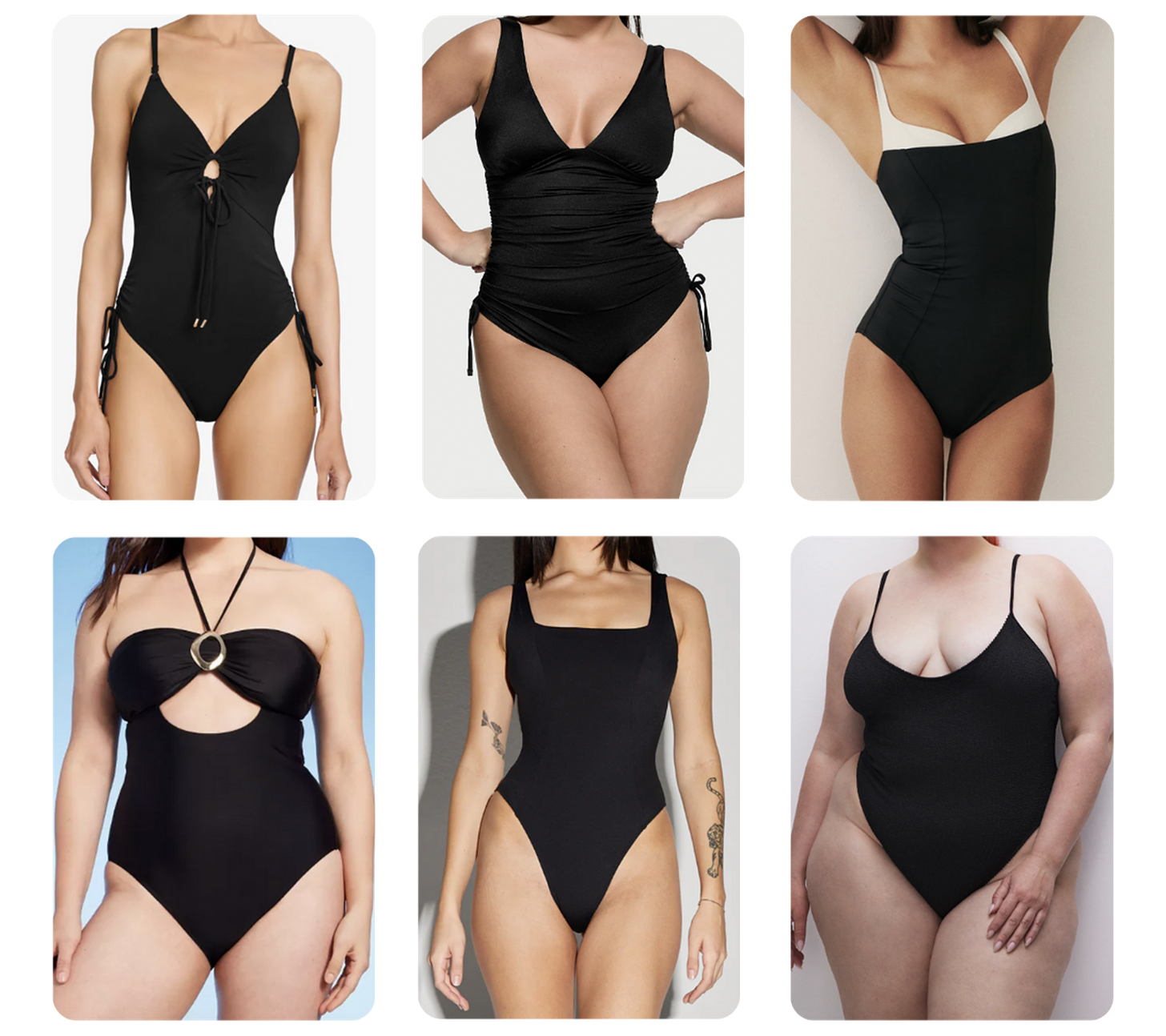 Images of various black one-piece swimsuits.
