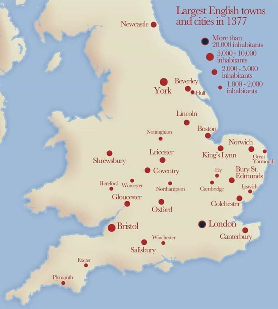 Map Of The Largest Towns And Cities Of England In 1377