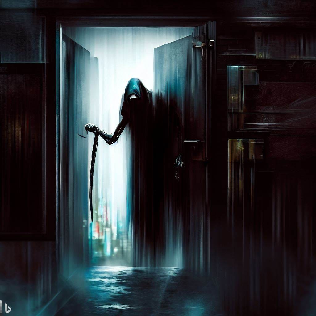a digital art of the grim reaper knocking on the door in a dark alleyway of a business district