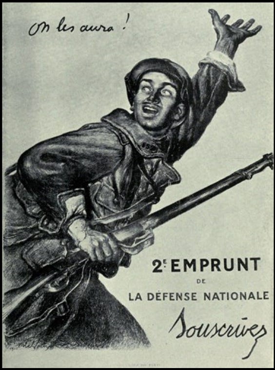 Illustration of a French soldier beckoning onwards. He looks very enthusiastic.
