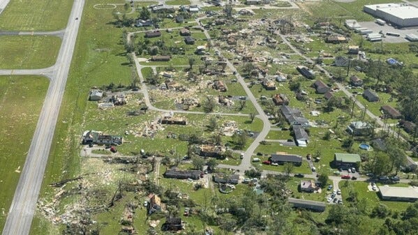 This aerial photo provided by London, KY Mayor Randall Weddle shows damage from severe weather in London, Ky., on Saturday, May 17, 2025. (City of London, Ky. via AP) This aerial photo provided by London, KY Mayor Randall Weddle shows damage from severe weather in London, Ky., on Saturday, May 17, 2025. (City of London, Ky. via AP)