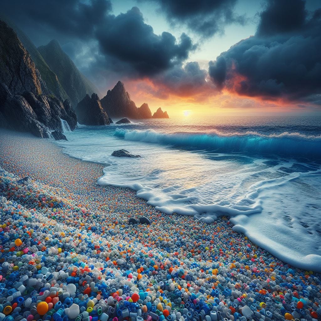 millions of plastic pellets washing ashore on the northern coast of spain, digital art