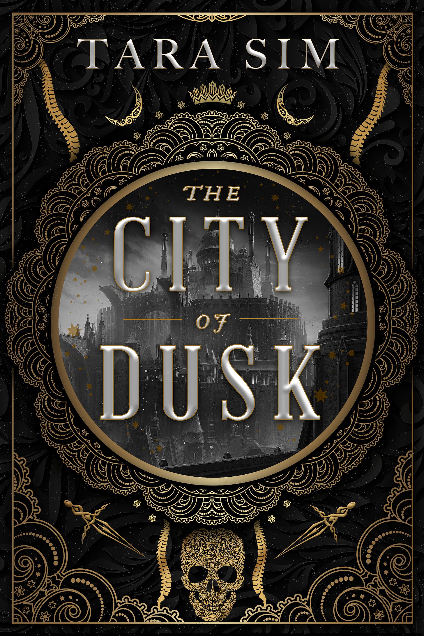 Cover of "city of dusk," black with silver text and intricate gold detailing.