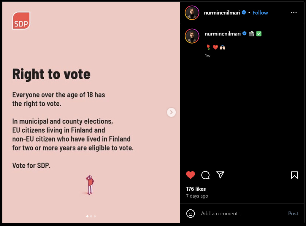Nurminen hyödyntää sitä, että kuka tahansa, jopa ilman kansalaisuutta, voi äänestää häntä, kunhan on ollut kirjoilla kaupungissa. Nurminen hyödyntää sitä, että kuka tahansa, jopa ilman kansalaisuutta, voi äänestää häntä, kunhan on ollut kirjoilla kaupungissa.