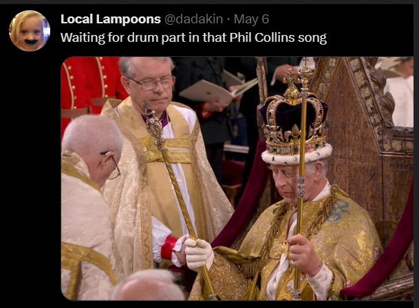 Charles holding a sceptre and orb, with the caption "Waiting for the drum part in that Phil Collins song"