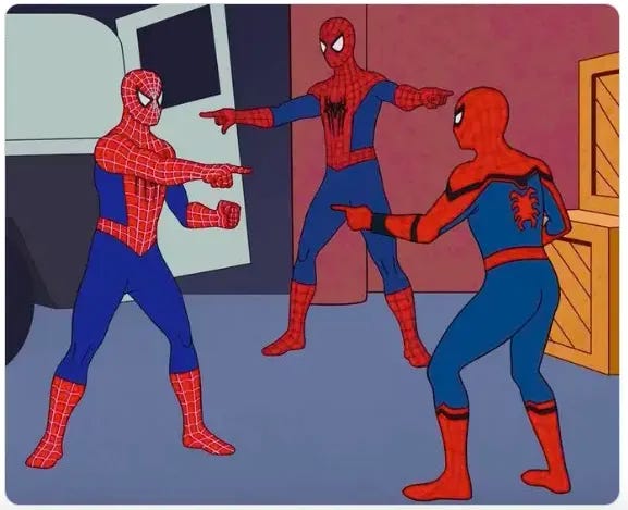 A picture of three cartoon spidermen all pointing at each other in a circle