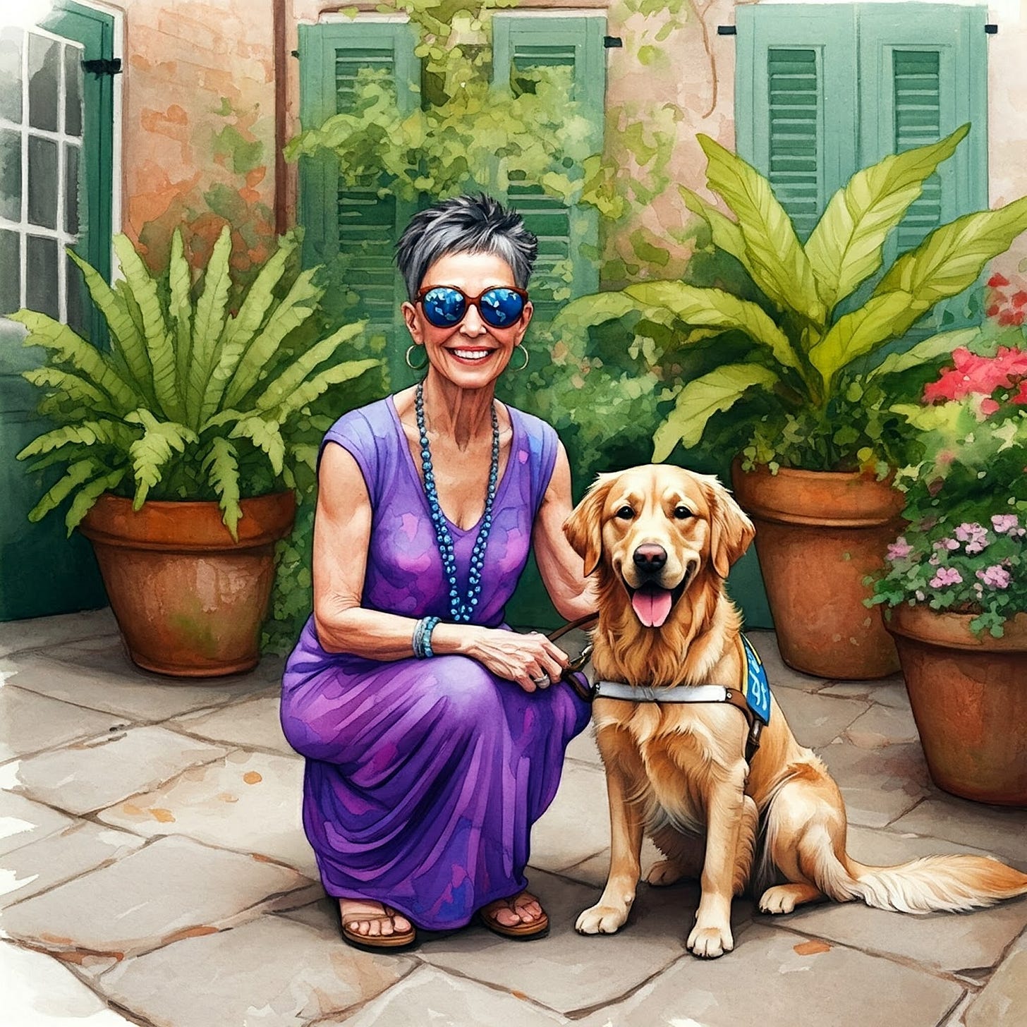 Image of Francoise LeBlanc enjoying her garden with her guide dog Image of Francoise LeBlanc enjoying her garden with her guide dog