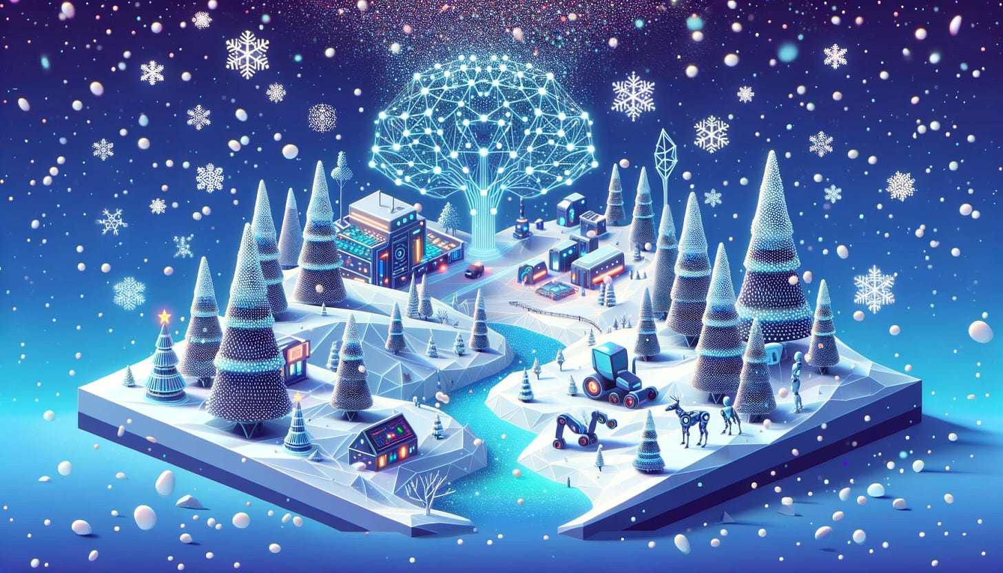 Low poly style, landscape oriented illustration for a winter AI News magazine cover. The scene depicts the first snow in 'AI Land', a whimsical and futuristic environment with various AI elements like digital trees, neural network patterns, and robotic wildlife. Snowflakes gently fall over the scene, symbolizing both the literal winter and hinting at the concept of an 'AI Winter'. The overall tone is serene and magical, capturing the essence of a winter wonderland with a distinct AI twist.