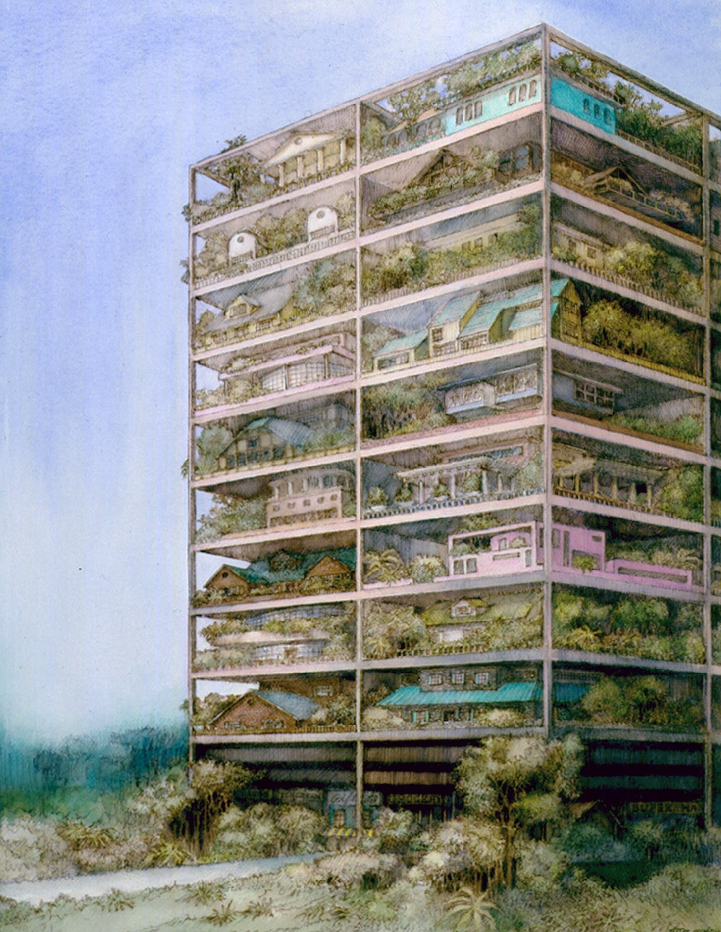 Highrise of Homes – 1981 – Color rendering by J. Wines showing a multi-story matrix that can accommodate a vertical community of private houses, clustered into distinct village-like communities on each floor.