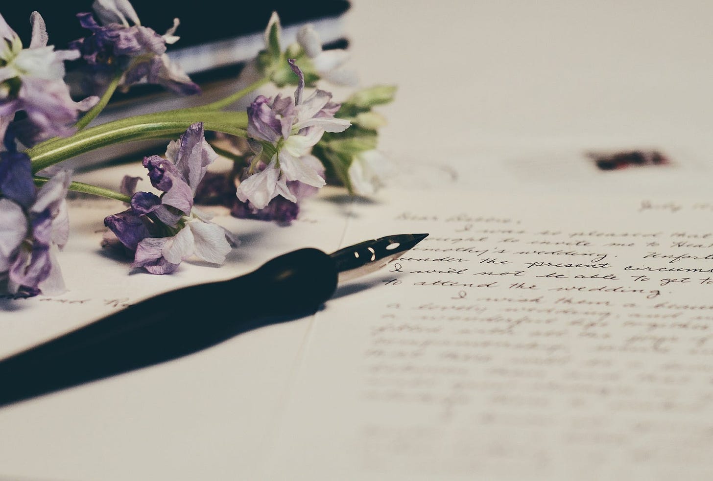 A piece of paper with a large paragraph of handwritten text, a fountain pen lying ontop next to purple flowers.