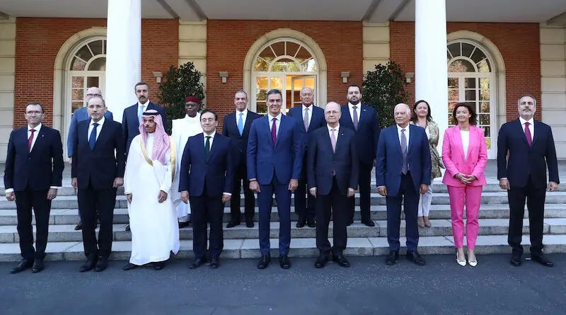 Spanish Prime Minister Pedro Sanchez (C), Spanish Foreign Minister Jose Manuel Albares (4-L) and European Union High Representative for Foreign Affairs and Security Policy, Josep Borrell (3-R) pose for a family photo with participants of an Arab and European ministers' meeting at the Moncloa Palace, in Madrid, Spain, 13 September 2024. Photo Credit: La Moncloa