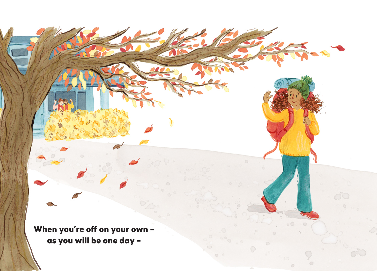 Illustration of a young adult girl leaving home, waving to her parents. Illustration by Nanette Regan from It's Your Time to Shine by Dianne White