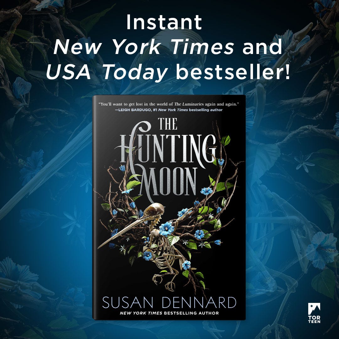 A graphic with the cover for The Hunting Moon that reads "instant NYT and USA Today bestseller!"
