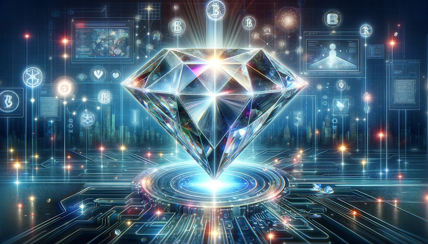 An abstract, futuristic concept representing 'Project Diamond' by Coinbase. The image features a large, shimmering, multifaceted diamond in the center, radiating light and casting colorful reflections. It's surrounded by a network of digital connections and floating cryptocurrency symbols, suggesting a complex and advanced blockchain technology environment. In the background, there's a silhouette of a city skyline, symbolizing the global impact and futuristic vision of the project. The overall atmosphere is sleek and modern, with a color palette of blues, whites, and metallic grays to convey innovation and sophistication.