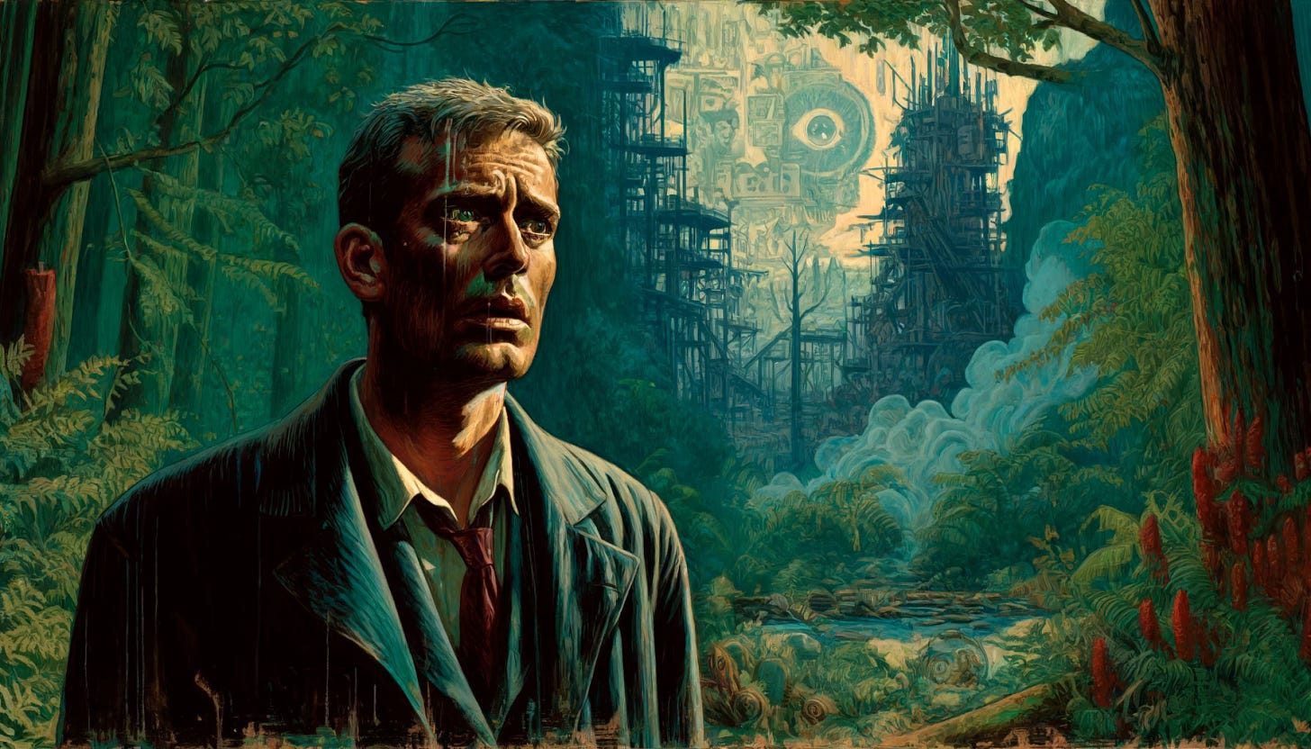 A dramatic and painterly pulp comic-style illustration capturing the emotional turmoil of a middle-aged man as he realizes the harmful impact of human actions on the natural world. The scene is set in a lush, deteriorating environment, symbolizing the receding grounds of human excellence. The man, Caucasian with short grey hair and a weary expression, stands in the foreground, his eyes wide with realization and regret. The background features fading images of technology and nature in conflict, highlighting the theme of human and machine coexistence. The overall tone is dark and introspective, with rich, moody colors.