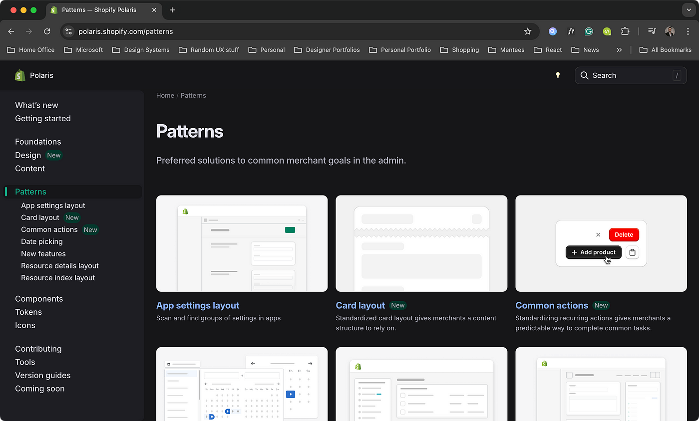 The patterns page in Polaris