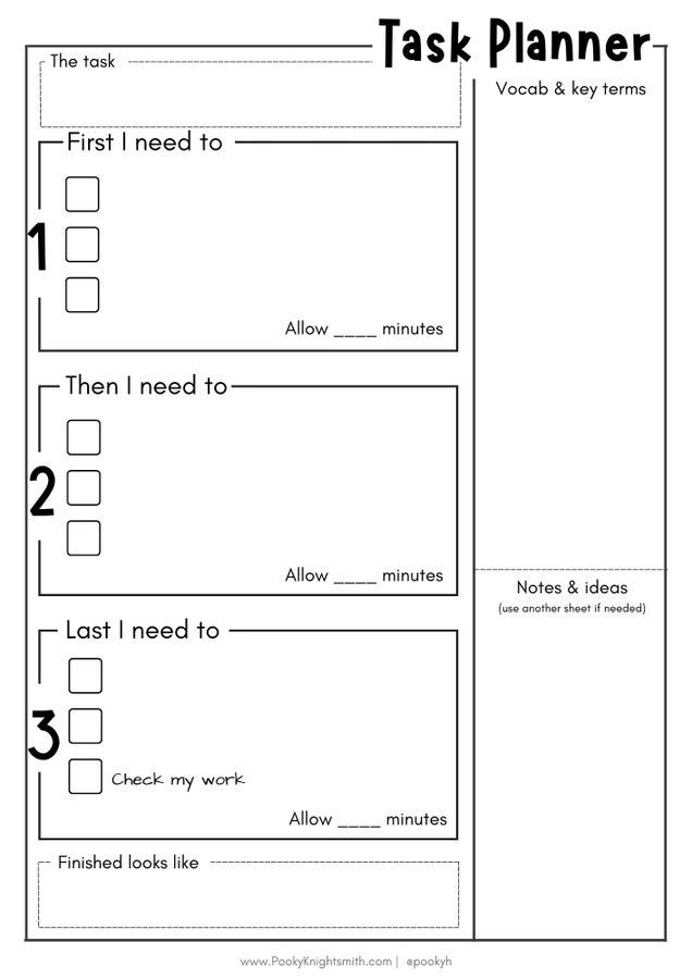 Graphic organizer titled "Task Planner," with space for students to detail the task, the steps they need to take, what it will look like when finished and any vocab and notes they want to record.