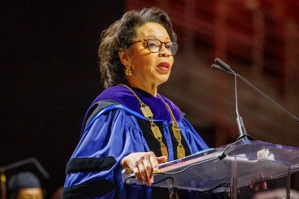 JoAnne A. Epps, acting president of Temple University, speaks during a Temple University graduation ceremony, May 11, 2023, at the Liacouras Center on Temple's campus in Philadelphia. Epps has died after collapsing at a memorial service Tuesday afternoon, Sept. 19, the university said. (Alejandro A. Alvarez/The Philadelphia Inquirer via AP)