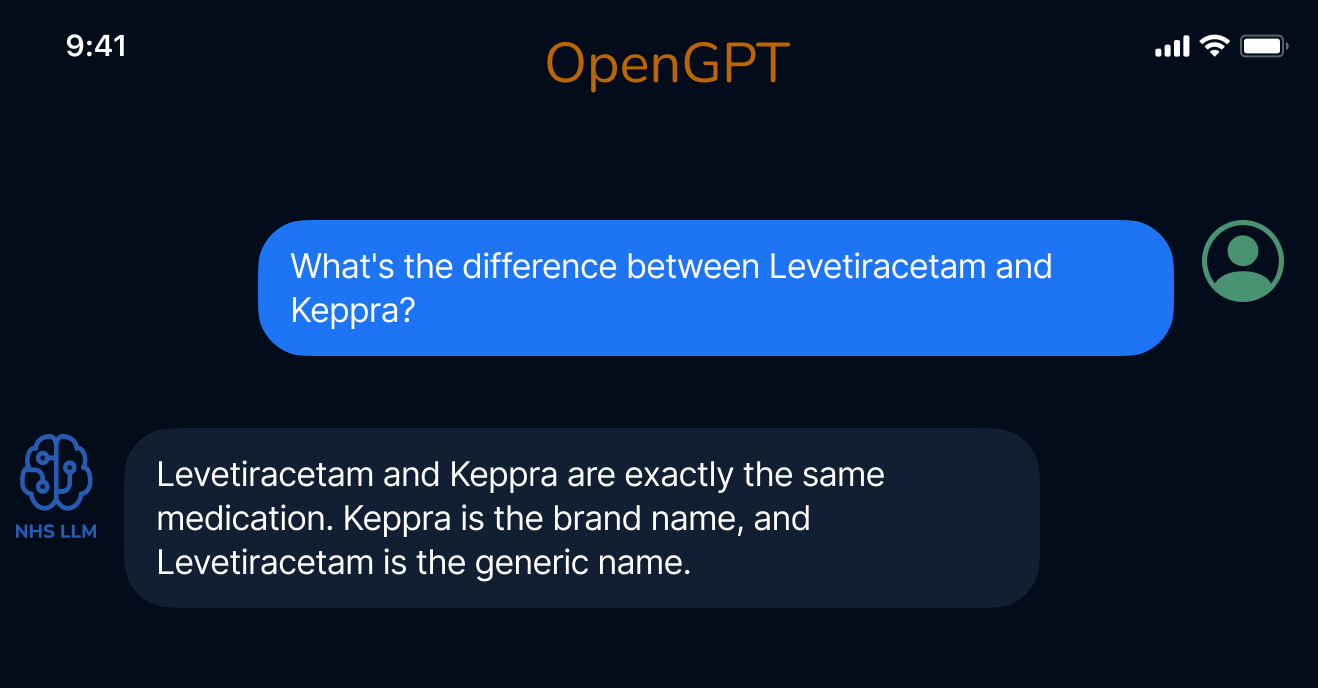 OpenGPT and NHS-LLM: An example where NHS-LLM answers a question on epilepsy