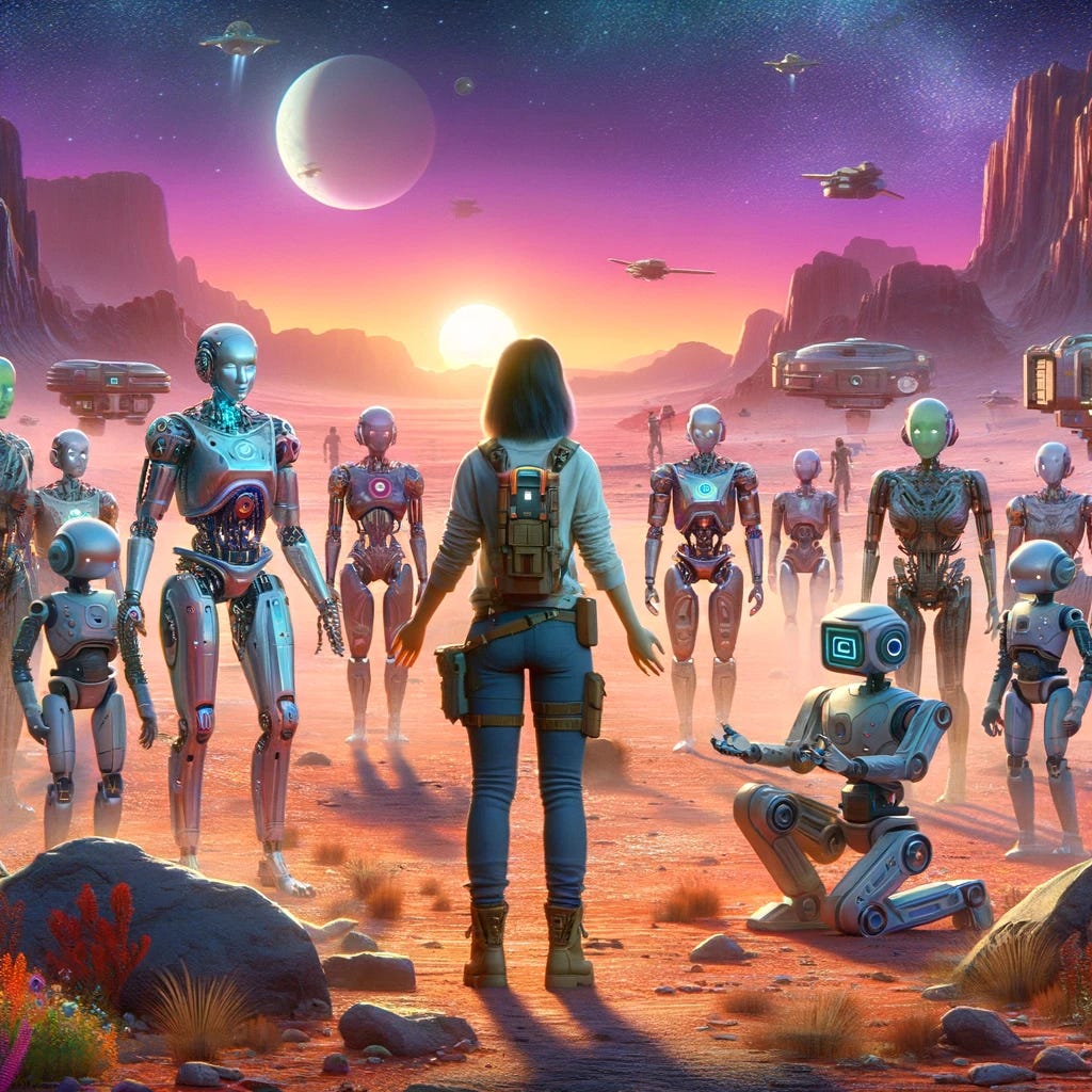 A futuristic illustration showing a human standing in the middle of a tribe of robots. The human, an Asian female wearing a modern explorer outfit, is surrounded by a variety of robots of different sizes and shapes, some humanoid and others more abstract. The setting is an outdoor landscape on another planet, with rocky terrain and a distant view of alien flora. The sky is a vibrant hue of purple and orange, adding a surreal touch to the scene. The interaction suggests a moment of peaceful coexistence and curiosity between the human and the robots.