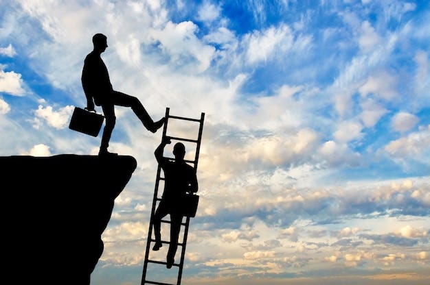 Silhouette of a businessman climbs up the stairs and another businessman  pushes this ladder. The concept of a rival in business | Premium Photo
