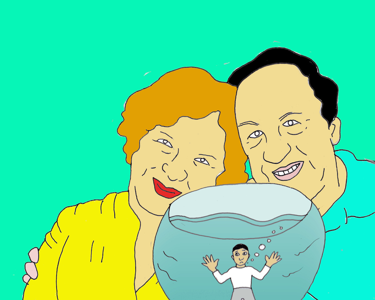 drawing of an older couple peering at their adult son in a fishbowl