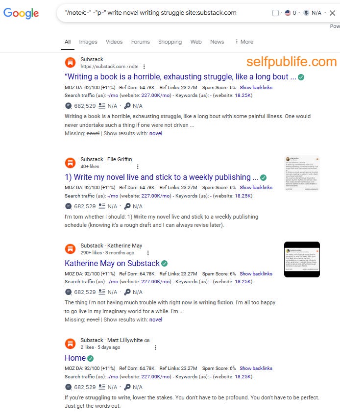Screenshot of Google search results page for Substack Notes discussing novel writing struggles.