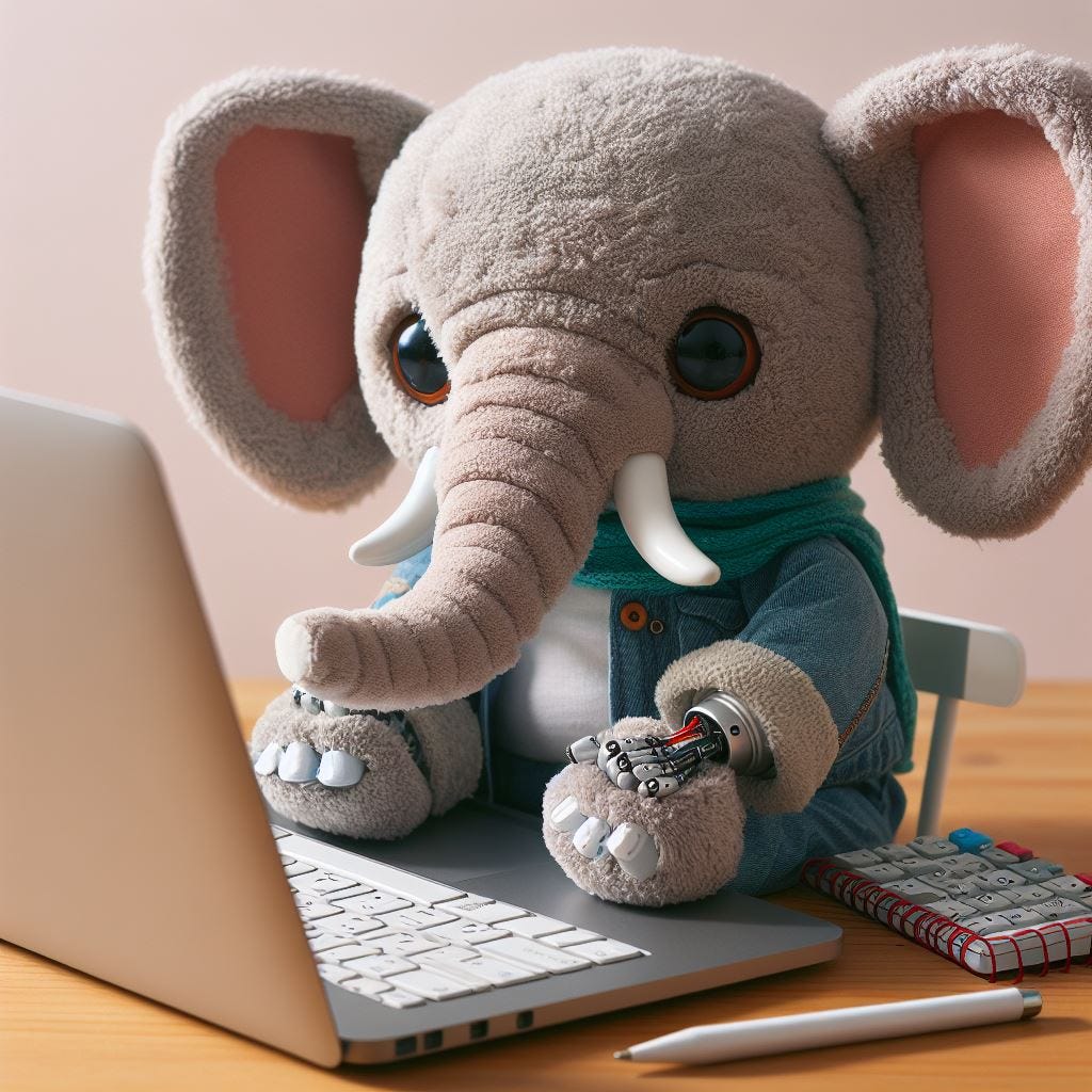 A stuffed elephant with robotic hands typing on a computer